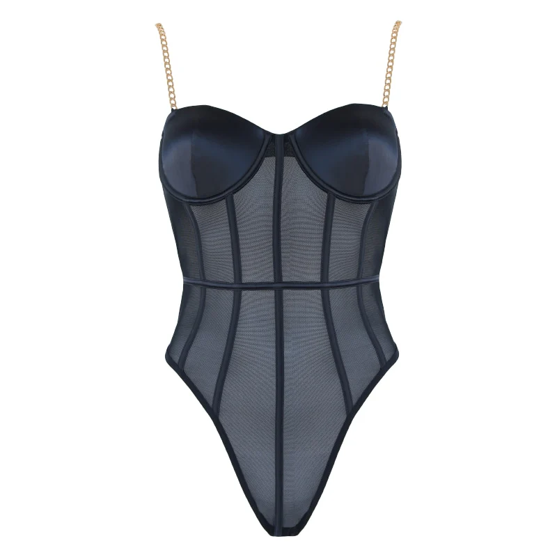 Mesh Black Bodysuit with Gold Chain Details